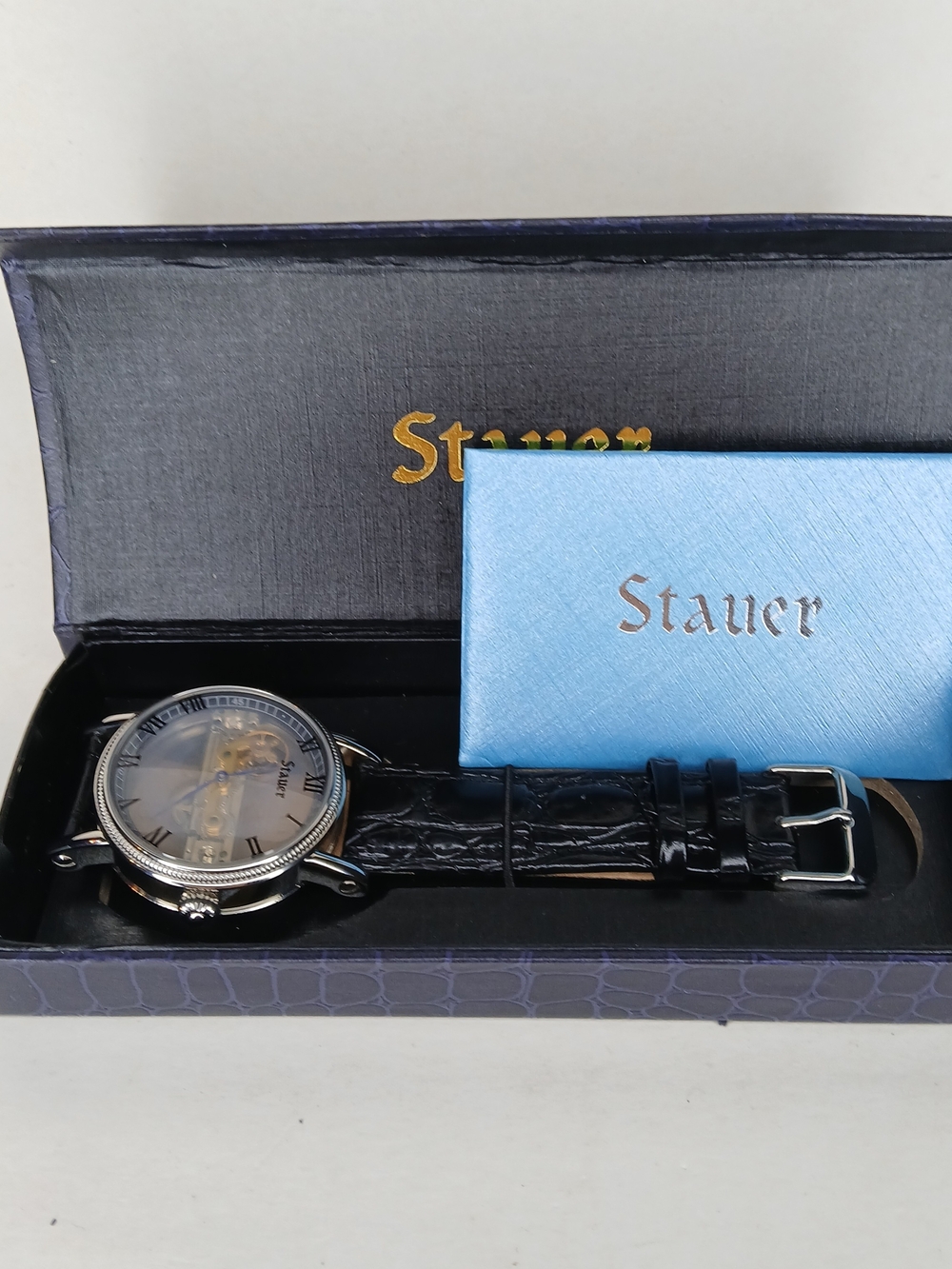 Stauer Men's Mechanical Skeleton Watch Blue Hands Leather Strap 3ATM Box 19891